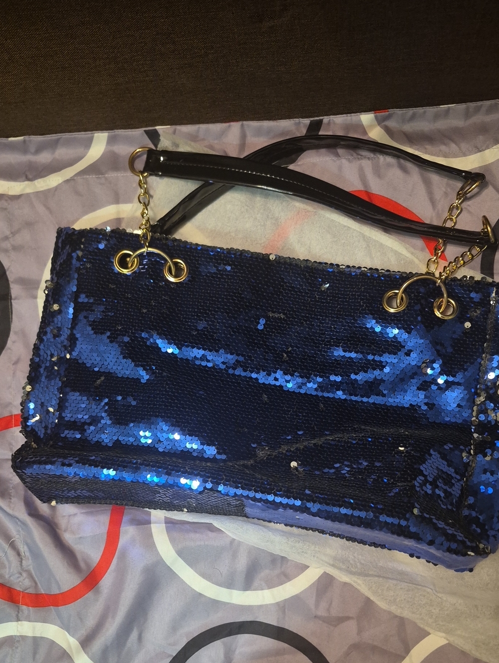 Women’s Blue & Silver Sequin Shoulder Bag with Gold Chain Details